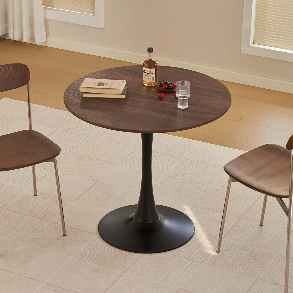 Round Dining Table, 31.5" Circle Tulip Table with Thickened Tabletop & Metal Pedestal, Mid Century Modern Bistro Table for Kitchen, Small Places, Living Room, Cafe (Faux Walnut)