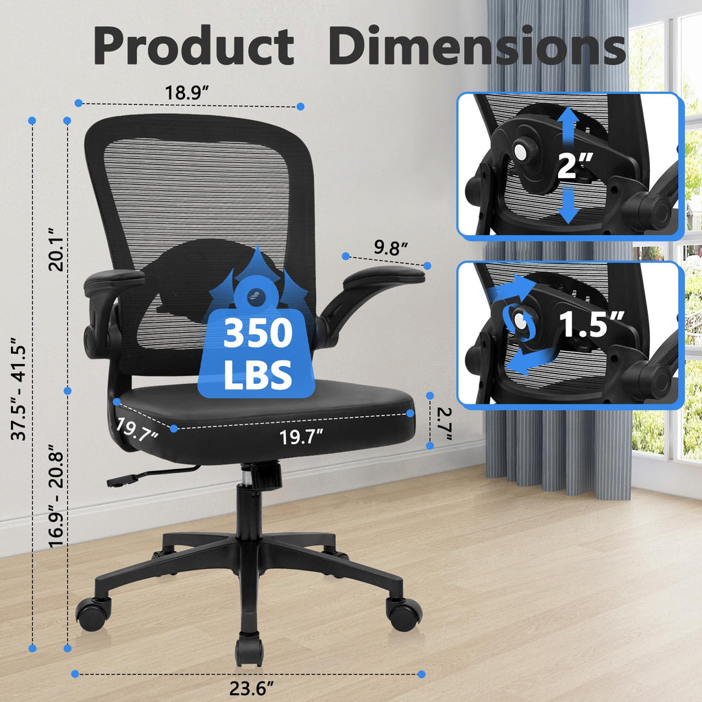 Home Office Desk Chair with Flip Up Armrests, Mesh Back Chair with Adjustable Height Lumbar Support and Leather Seat, Ergonomic Computer Task Chair for School, Conference, Black(4PK)