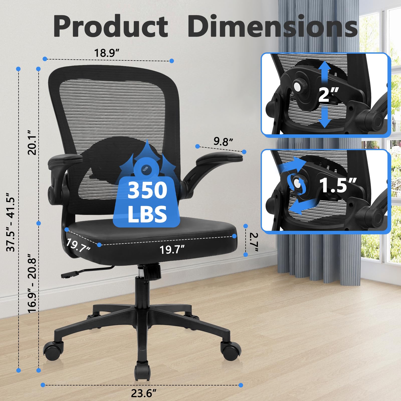 Home Office Desk Chair with Flip Up Armrests, Mesh Back Chair with Adjustable Height Lumbar Support and Leather Seat, Ergonomic Computer Task Chair for School, Conference, Black(4PK)