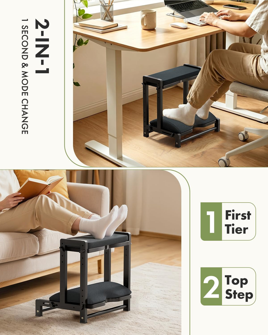 Double Step Foot Rest for Under Desk, 4 Adjustable Heights Bamboo Under Desk footrest with Soft Cushion, Dual-Layer Desk Foot Stool for Office Home Gaming, Natural Wood Foot Rests for Work