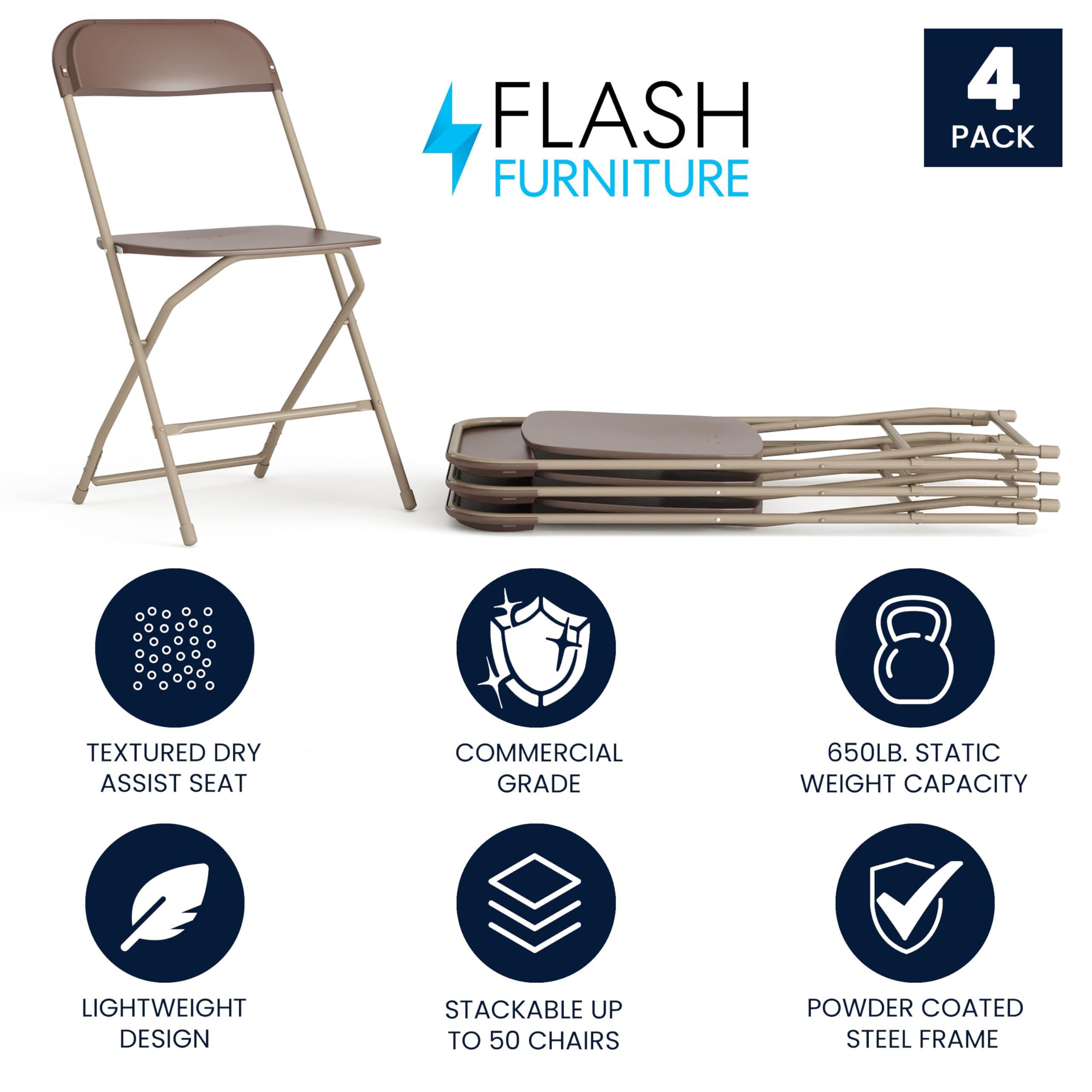 4 Pack Hercules Series Plastic Folding Chair - Brown - 650LB Weight Capacity Comfortable Event Chair-Lightweight Folding Chair