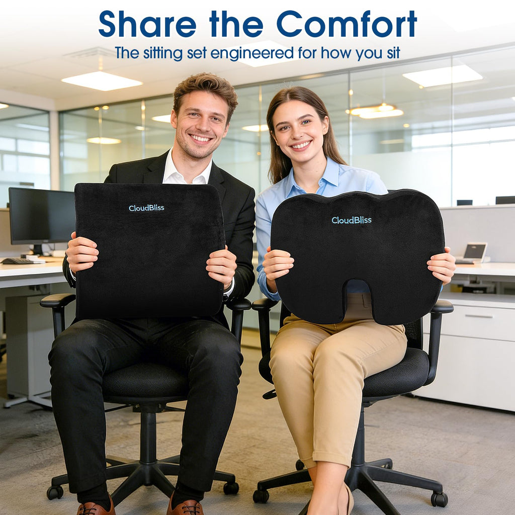 Lumbar Support Pillow & Seat Cushion Set for Office Chair, Desk Chair, Wheelchair & Car – Memory Foam Back Support, Ergonomic Chair Cushions, Sciatica Pain Relief, Home Essentials, Black