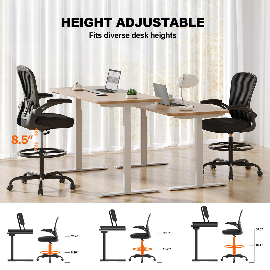 Ergonomic Drafting Chair, Tall Office Chair with Flip-up Armrests, Breathable Mesh High Desk Chair with Lumbar Support Adjustable Footrest Ring for Standing Desk Black