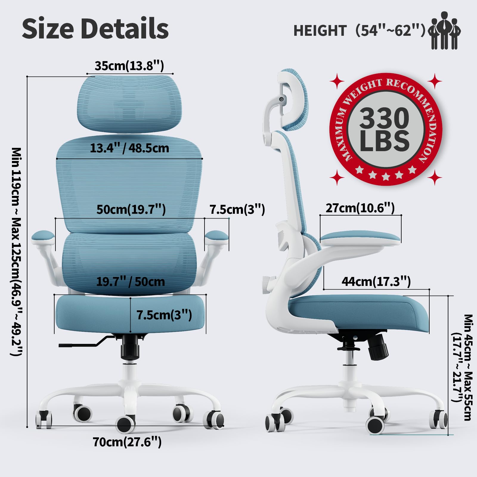 Office Chair Ergonomic Desk Chair, 330 LBS Home Mesh Office Desk Chairs with Wheels, Comfortable Gaming Chairs (Sky Blue)