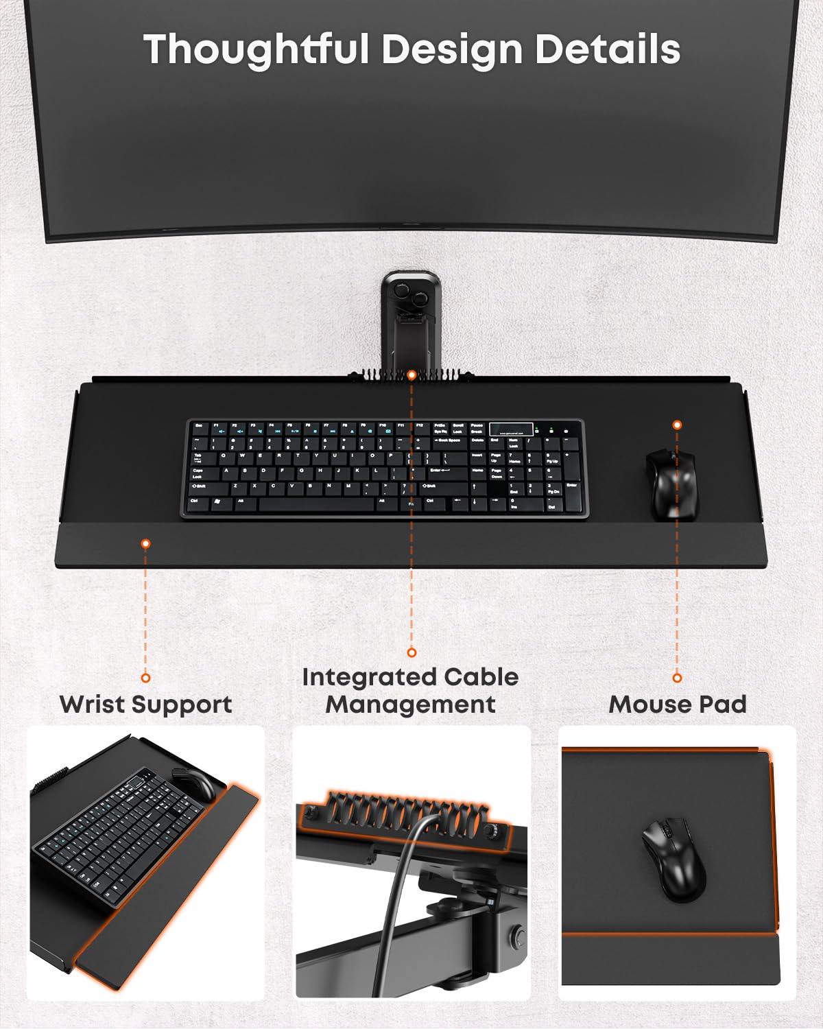 Compact Wall Mount Keyboard Tray, Sit Stand 26 Inch Keyboard and Mouse Wall Mount with Spring Arm, Height Adjustable Ergonomic Typing Platform with Anti-Slip & Wrist Pad, Holds up to 19.8 lbs
