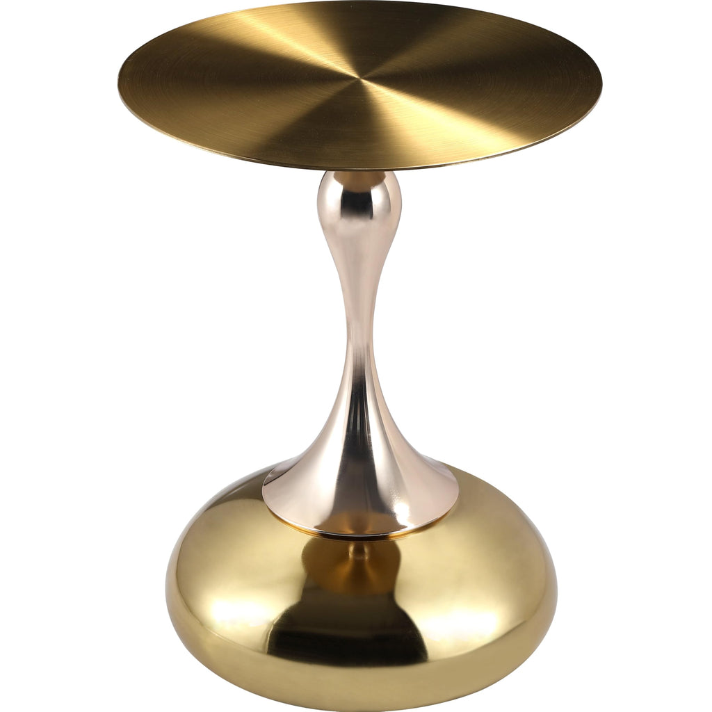 Modern Round Side Table with Gold Stainless Steel Top, Gold Pedestal Stem & Glossy Base, Accent End Table for Living Room, Bedroom, or Small Spaces, 17.7" × 21.6", Shiny Gold