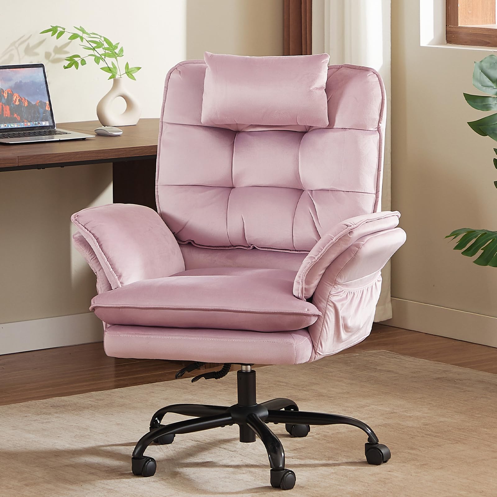 Criss Cross Chair with Flip-Up Armrests and Headrest, 135° Reclining Swivel Executive Chair with Side Pockets, Big and Tall Computer Desk Chair for Home Office Bedroom, Pink Velvet