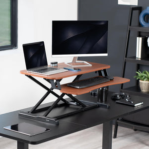 32 inch Desk Converter, K Series, Height Adjustable Sit to Stand Riser, Dual Monitor and Laptop Workstation with Wide Keyboard Tray, Dark Walnut Top, Black Frame, DESK-V000KA