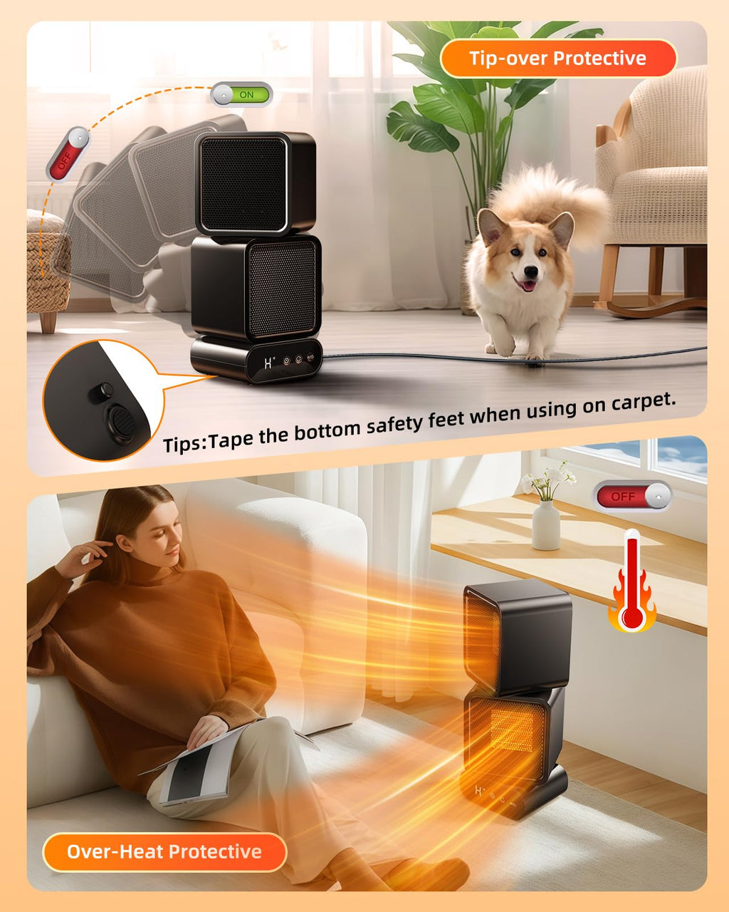 Dual-Head Space Heater,Portable Electric Heaters for Indoor Use with Thermostat and Remote,270° Oscillation,12H Timer,5 Modes,1400W PTC Ceramic Fast Safety Heat for Office Desk Home Bedroom