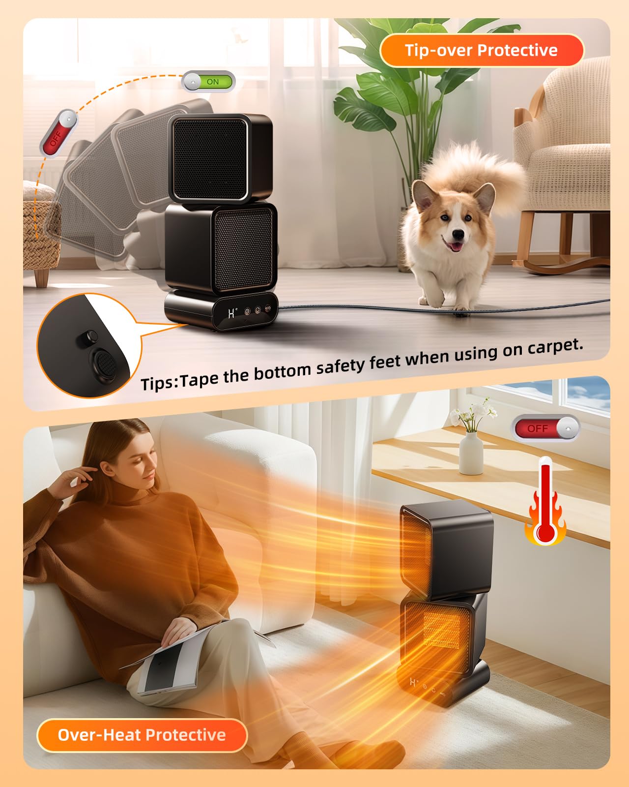 Dual-Head Space Heater,Portable Electric Heaters for Indoor Use with Thermostat and Remote,270° Oscillation,12H Timer,5 Modes,1400W PTC Ceramic Fast Safety Heat for Office Desk Home Bedroom