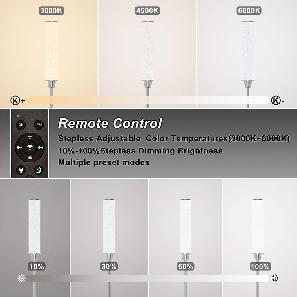 Floor Lamp with Remote Control,Floor Lamps for Living Room/Bedroom/Office, Stepless Adjustable 3000K-6000K Colors and 10-100% Brightness,Standing Light with Foot Switch (Nickel+Beige Linen)