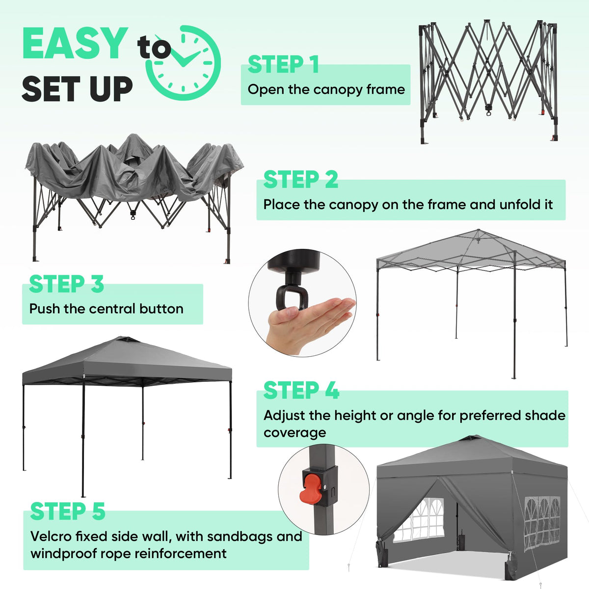 12x12 Pop Up Canopy Tent with 4 Sidewalls, Easy Set up with One Push Lift Gazebo with Wheel Bag and4 Sandbags,Carpas for Events, Parties,Camping, Gray.