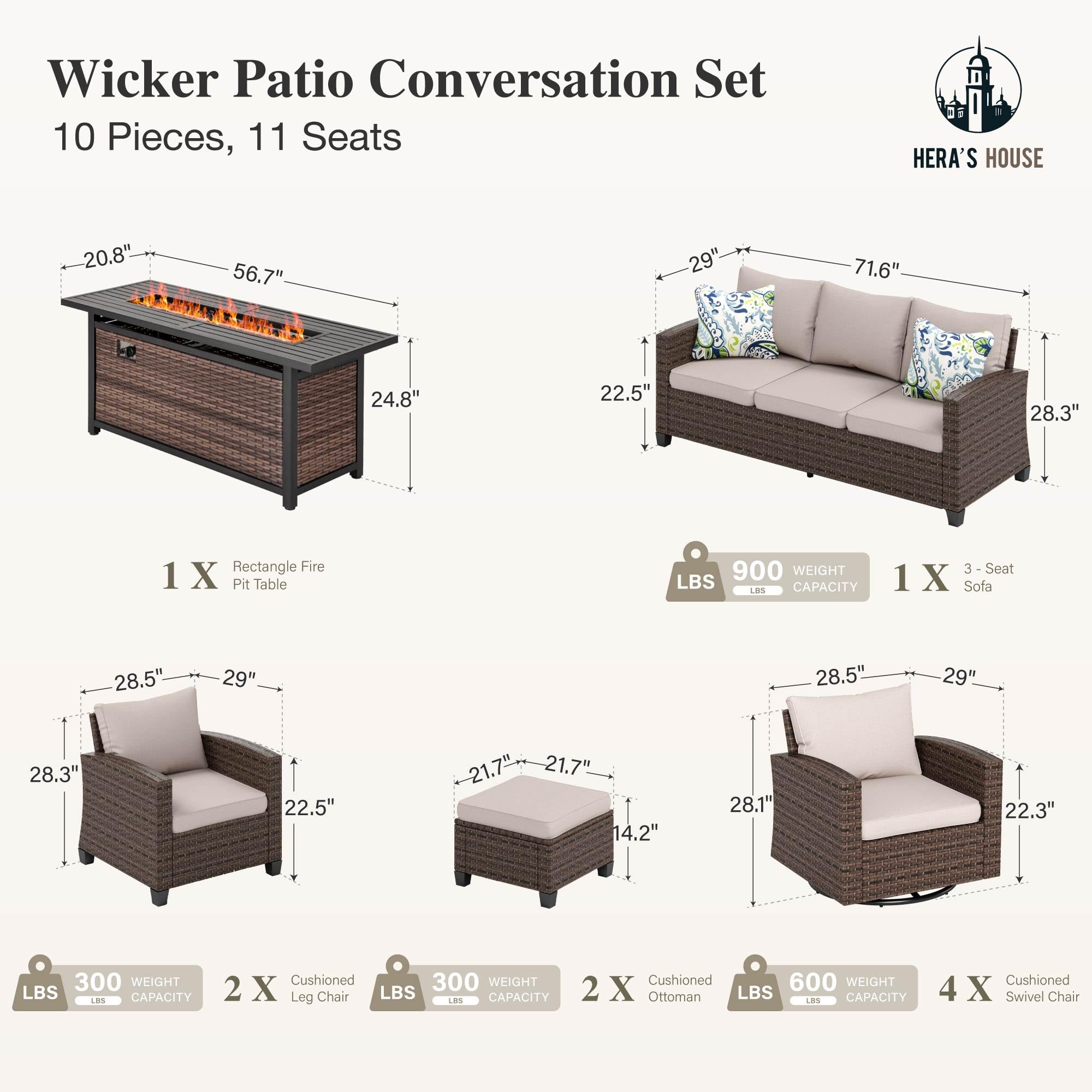 Swivel Glider Patio Furniture Set with Fire Pit, Outdoor Wicker Conversation Sets, 8 Pieces Deep Seat Rattan Sofa Sets with Cushions for Deck Backyard Lawn, Beige/Brown