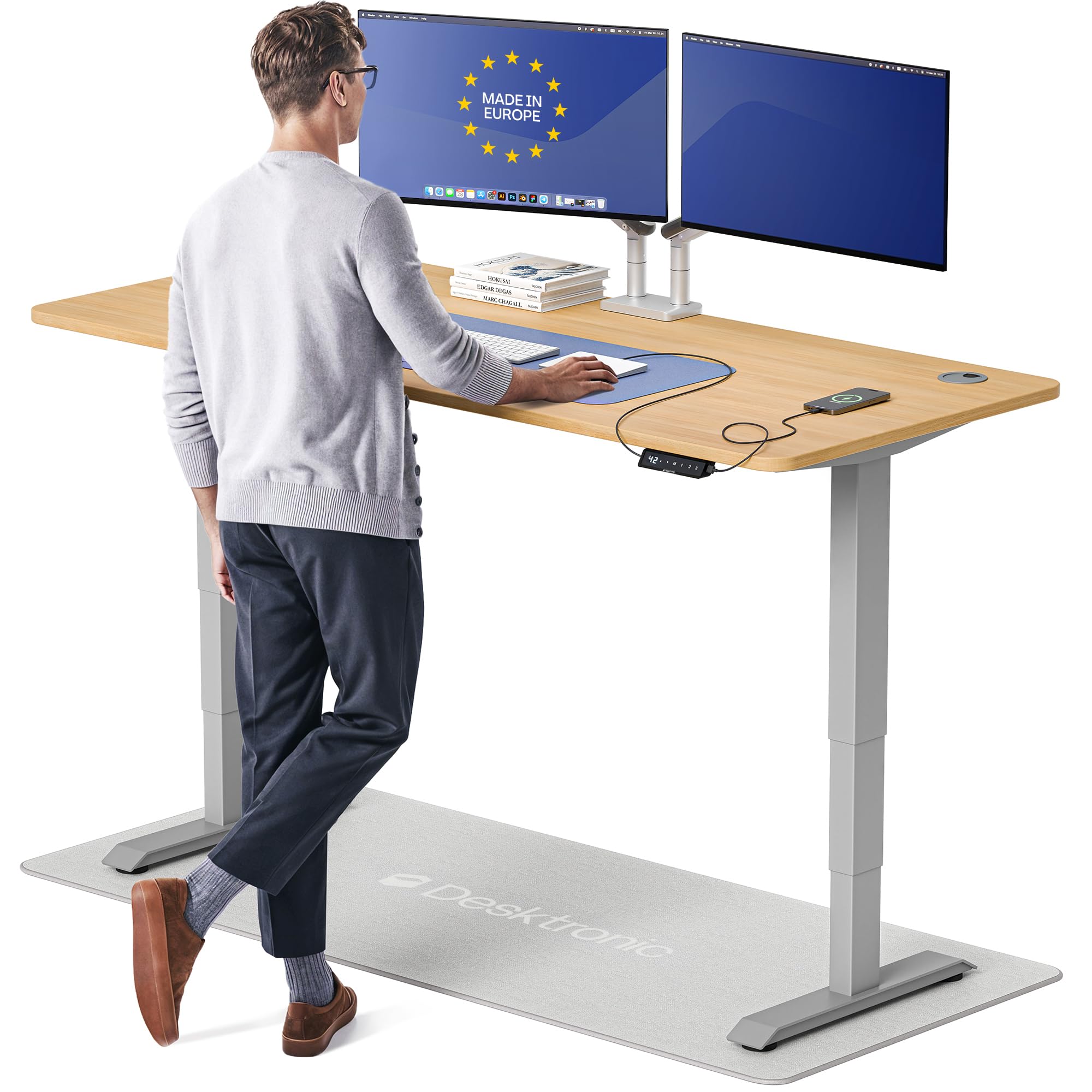 HomePro Standing Desk 70x30 — Made in Europe, Ergonomic Sit Stand Home Office Desk, Electric Height Adjustable, Dual Motor, USB & USB-C Charging, Wobble-Free, Touchscreen, 3 Memory Presets