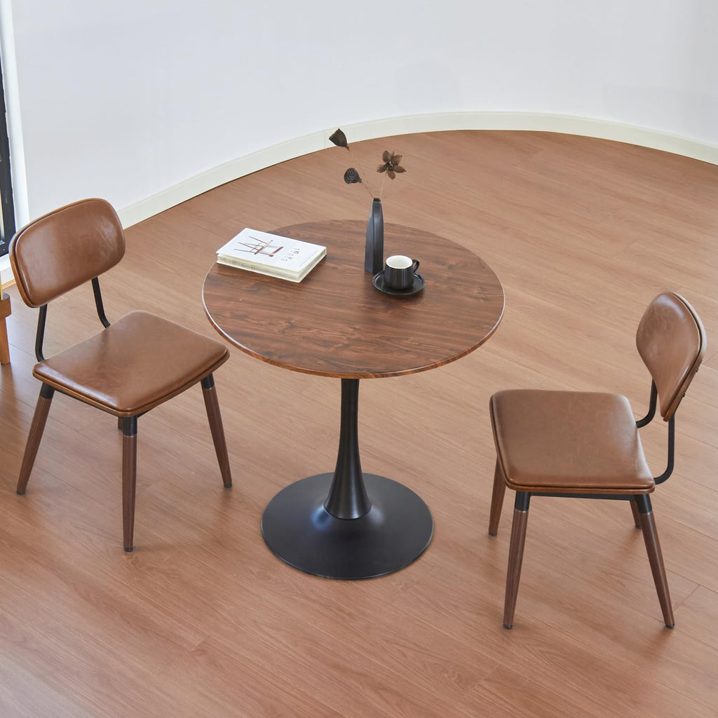 Round Dining Table, 24" Circle Tulip Table with Thickened Tabletop & Metal Pedestal, Mid Century Modern Bistro Table for Kitchen, Small Places, Living Room, Cafe (Brown)