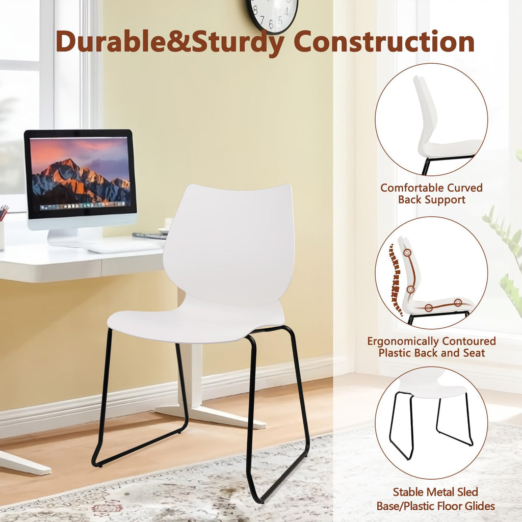 Set of 8, White, Stackable Waiting Room Chair, Stacking Office Chair with Ergonomic Lumbar Support and Metal Legs, Plastic Desk Chairs for Conference School Church Guest Reception