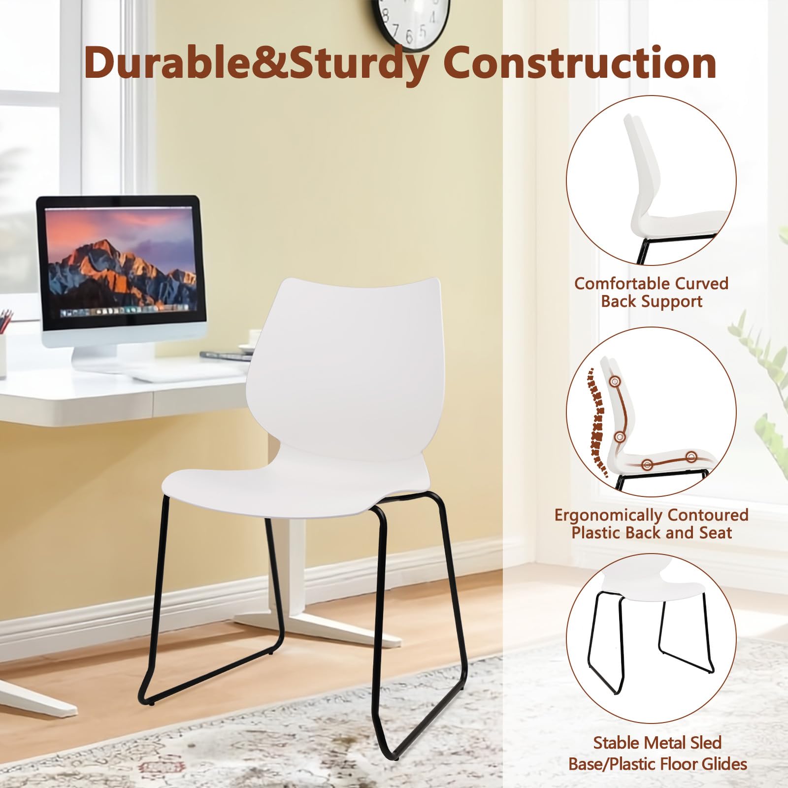 Set of 8, White, Stackable Waiting Room Chair, Stacking Office Chair with Ergonomic Lumbar Support and Metal Legs, Plastic Desk Chairs for Conference School Church Guest Reception