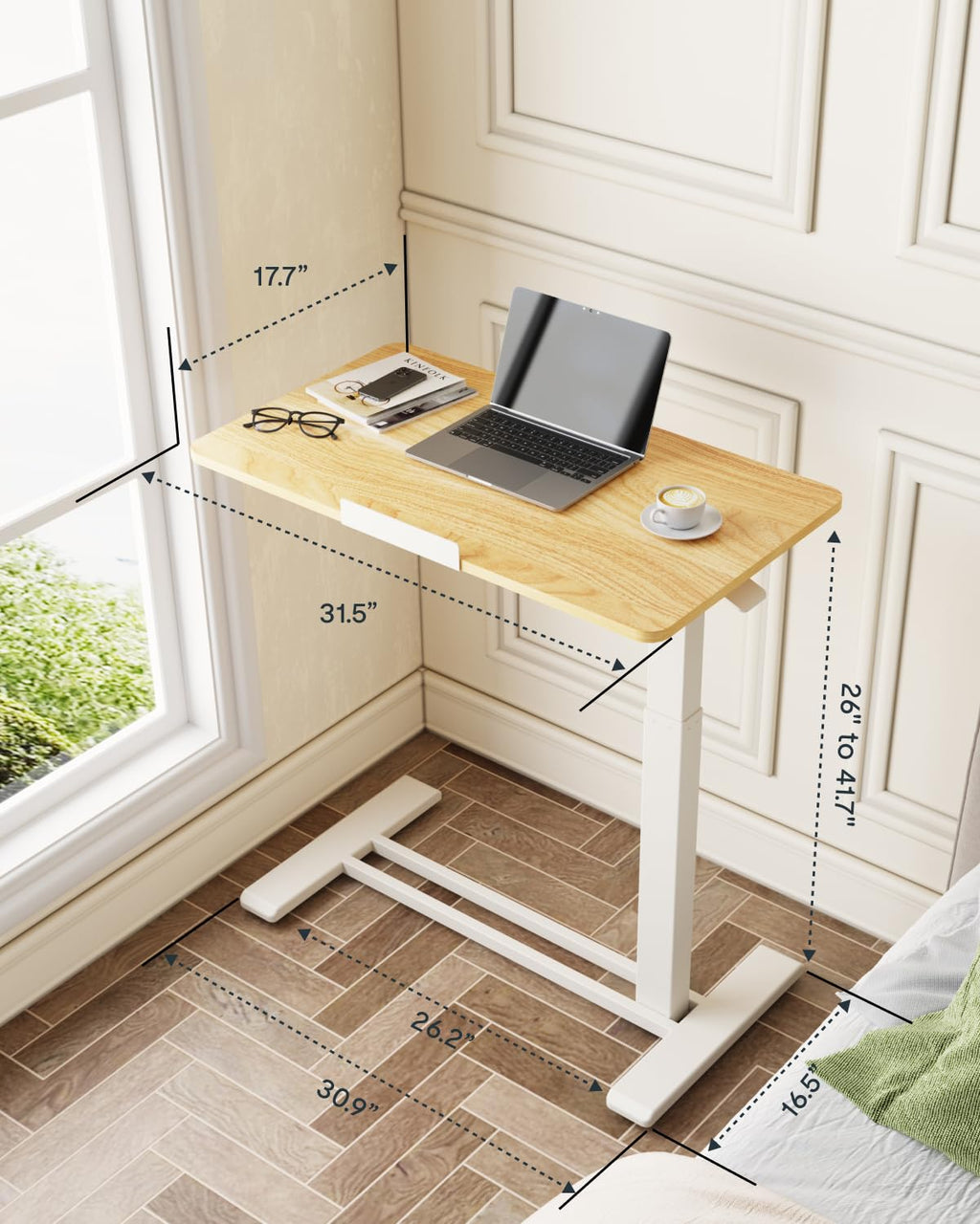H7 PRO Mobile Standing Desk Adjustable Overbed Table Pneumatic with Wheels 90°Tiltable Portable Laptop Desk Rolling Computer Cart Foldable Bedside Table(31.5" W x 17.7" D D, Maple)