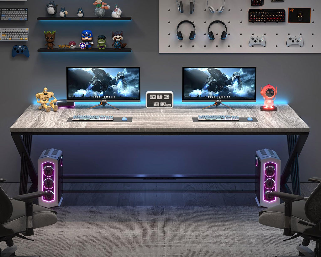 70.9" Industrial Computer Desk with Z-Shaped Legs, Modern Home Office Desk for 2 Person, Large Gaming Executive Workstation Study Table for Bedroom Writing, Light Grey