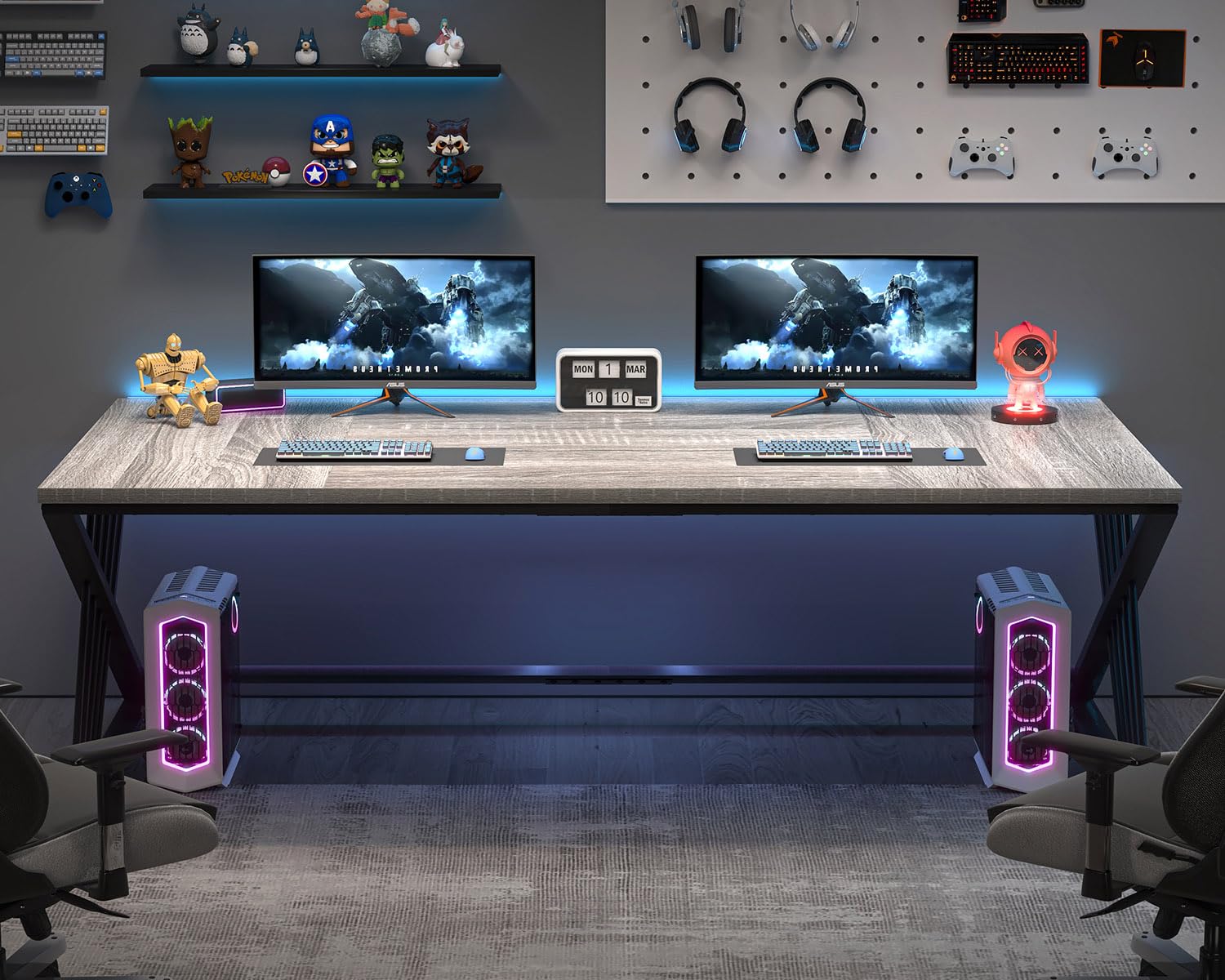 70.9" Industrial Computer Desk with Z-Shaped Legs, Modern Home Office Desk for 2 Person, Large Gaming Executive Workstation Study Table for Bedroom Writing, Light Grey