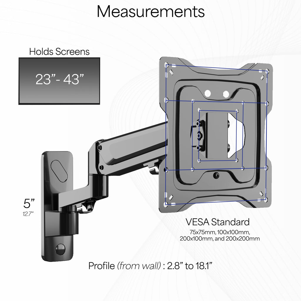 Premium Aluminum Single TV Wall Mount for 23 to 43 inch Screens, Adjustable Arm, Fits up to VESA 200x200, MOUNT-G200B