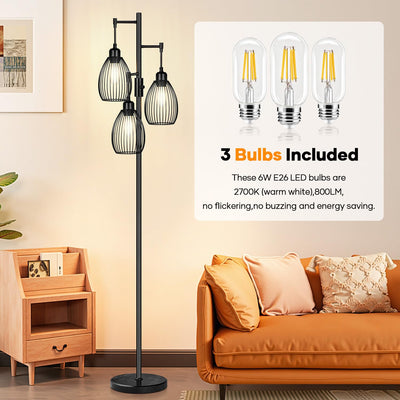 Dimmable Floor Lamp,3x800LM LED Bulbs Included, Farmhouse Industrial Floor Lamp Standing Tree Lamp with Teardrop Cage Head Tall Lamp for Living Room Bedroom Office Dining Room - Black & Marble Base