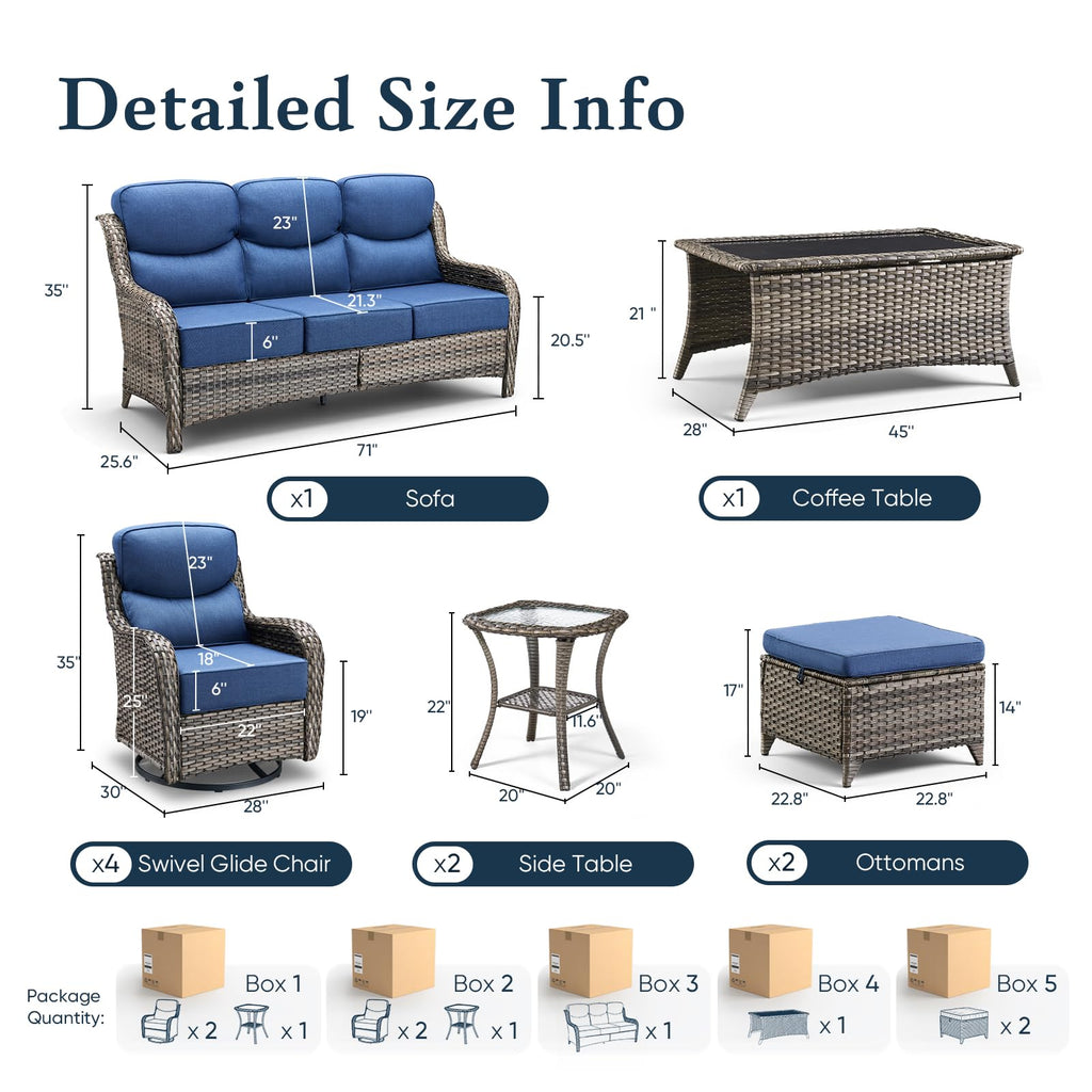 Luxury 6" Thick Cushioned 10 Pieces Patio Furniture Set with Outdoor Couch, Wicker Outdoor Conversation Set with High Back Swivel Rocker Chairs for Deck Porch Yard and Poolside - Grey+Blue