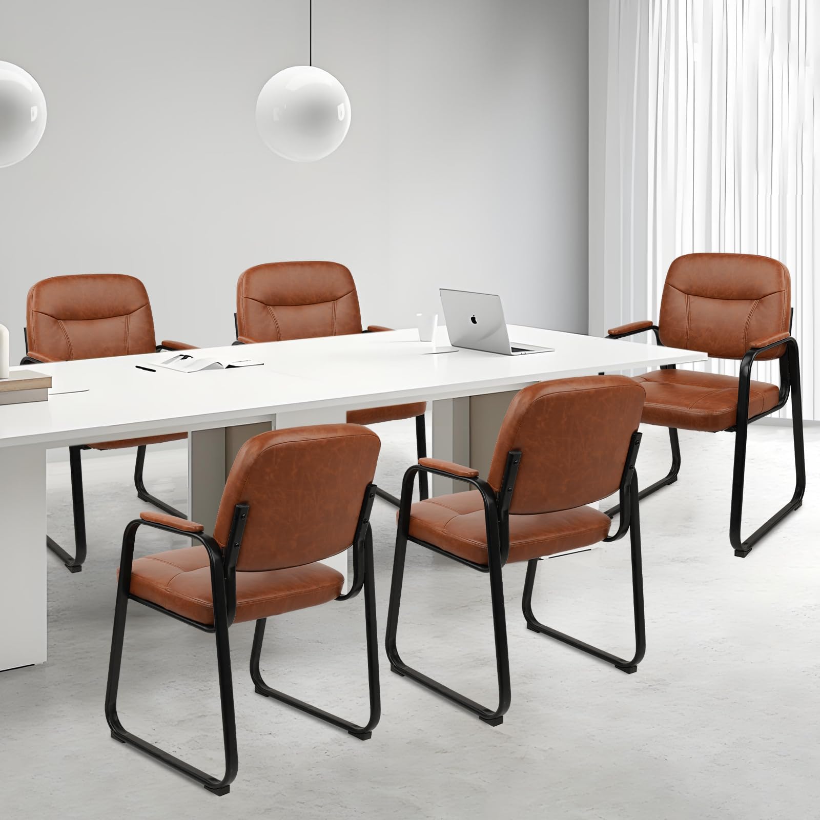 6 Pack, Waiting Room Guest Chair with Bonded Leather Padded Arm Rest for Office Reception and Conference Desk Black with Sled Base Brown