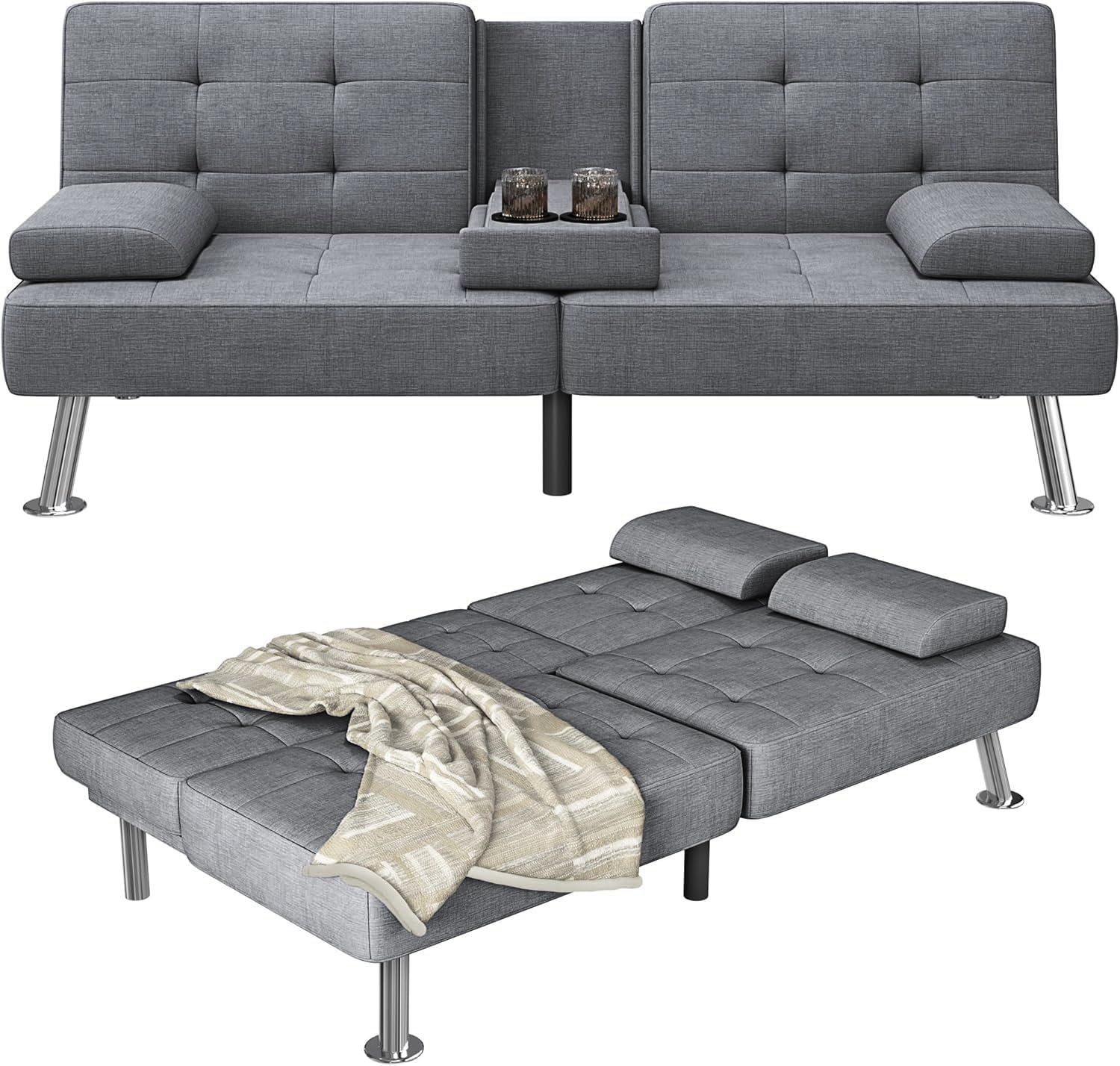 Sofa Bed Adjustable Futon Couch Sleeper Sofa Bed for Living Room, Business Office, Recliner Sofas with Cup Holders (Fabric, Gray)