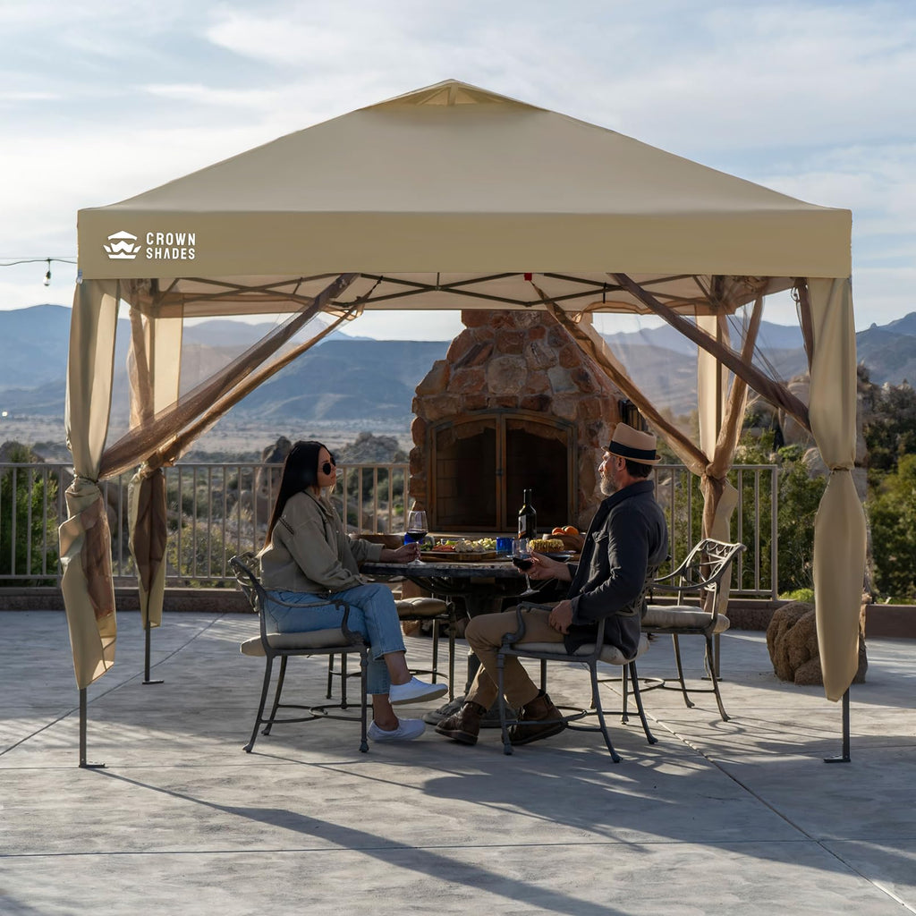 Gazebo 10x10 Pop Up Canopy with Mosquito Netting, Screen Tent with 4 Ropes, 8 Stakes, 4 Sandbags and Wheeled Storage Bag, Canopy for Patio & Backyard, Beige
