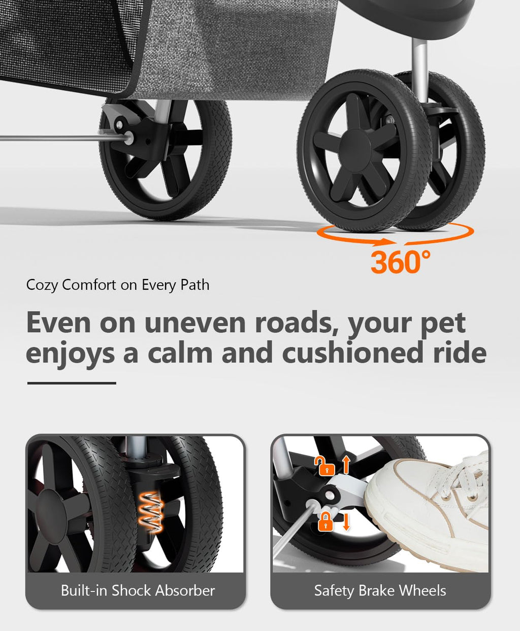 Pet Stroller with 3 Wheels for Small/Medium Pets, Portable Travel Foldable Carrier Jogger for Dog Cat Puppy Kitty, Rear Wheel Breaks, Storage Basket, Visible Mesh with Weather Cover (Gray)