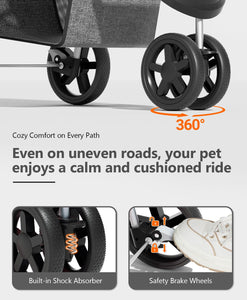 Pet Stroller with 3 Wheels for Small/Medium Pets, Portable Travel Foldable Carrier Jogger for Dog Cat Puppy Kitty, Rear Wheel Breaks, Storage Basket, Visible Mesh with Weather Cover (Gray)