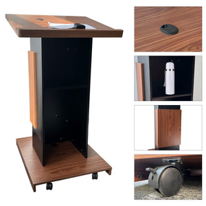 Wood Podium with Wheels,Wooden Lectern Stand,15MM Particle Board,Elegant Design with Storage,Mic Stand Space, Wooden Pulpit for Restaurants,Churches,Seminars and Schools