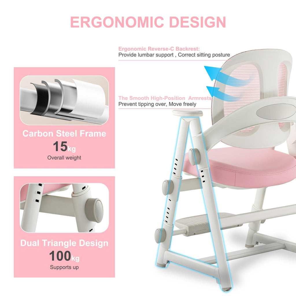 Ergonomic Kids' Study Chair, Height Adjustable Kids Desk Chair for Boys Girls,Comfortable for Teenagers Playing, Drawing, Ideal Gift for Children,Students（Pink）