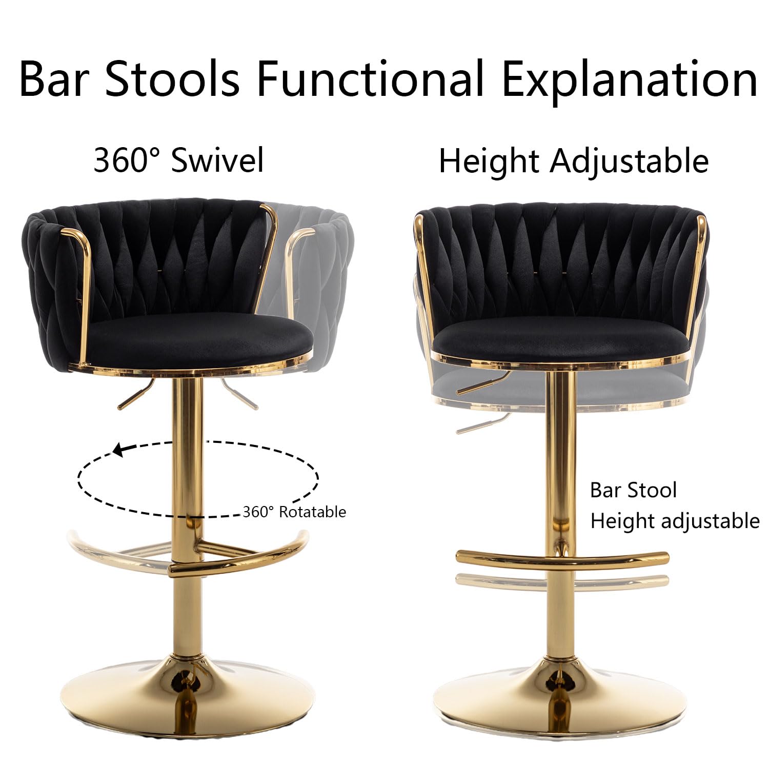 Gold Velvet Bar Stools Set of 2, Swivel Counter Height Bar Stools with Back, Adjustable Woven Barstools for Kitchen Island, Pub, Club (Black)