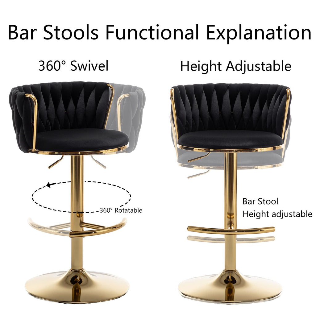Gold Velvet Bar Stools Set of 6, Swivel Counter Height Bar Stools with Back, Adjustable Woven Barstools for Kitchen Island, Pub, Club (Black)
