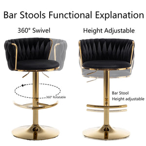 Gold Velvet Bar Stools Set of 6, Swivel Counter Height Bar Stools with Back, Adjustable Woven Barstools for Kitchen Island, Pub, Club (Black)