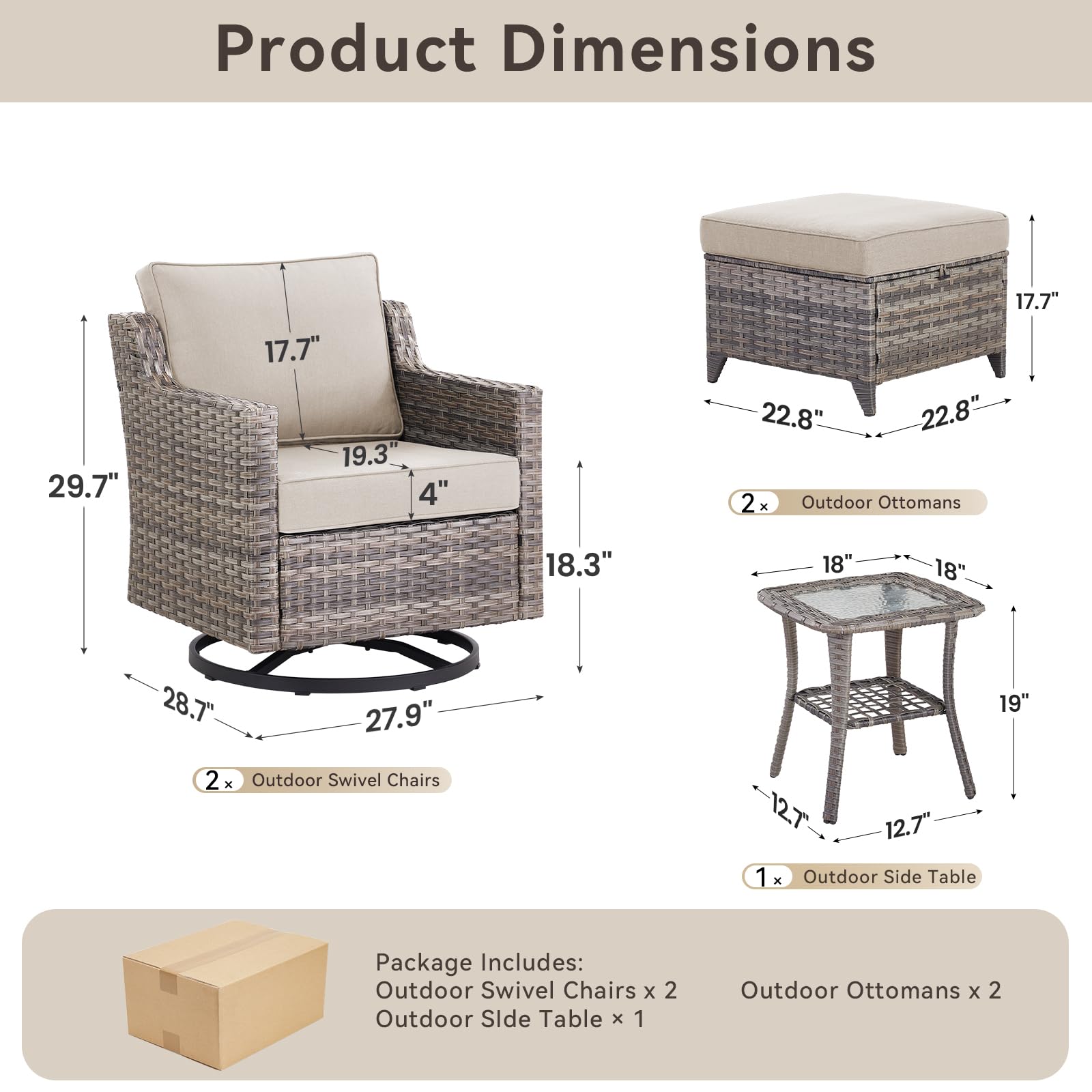 5 Pieces Outdoor Patio Furniture Set-All-Weather Wicker Patio Swivel Glider Chairs with 2 Ottoman and Glass Side Table, Patio Conversation Sets for Porch Balcony Deck - Beige/Grey