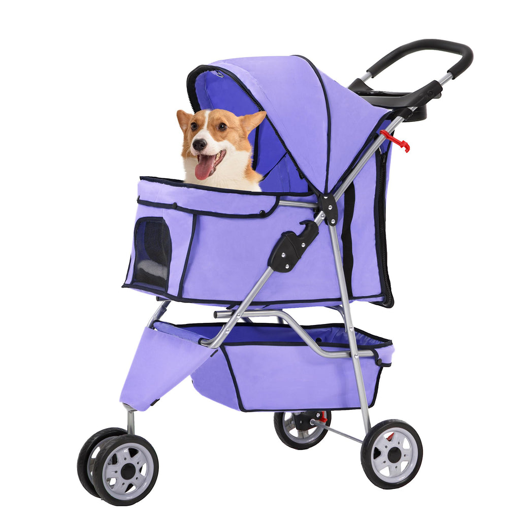 Pet Stroller 3-Wheel Durable Foldable Cat Dog Stroller with Washable Liner Storage Basket Cup Holder,Purple