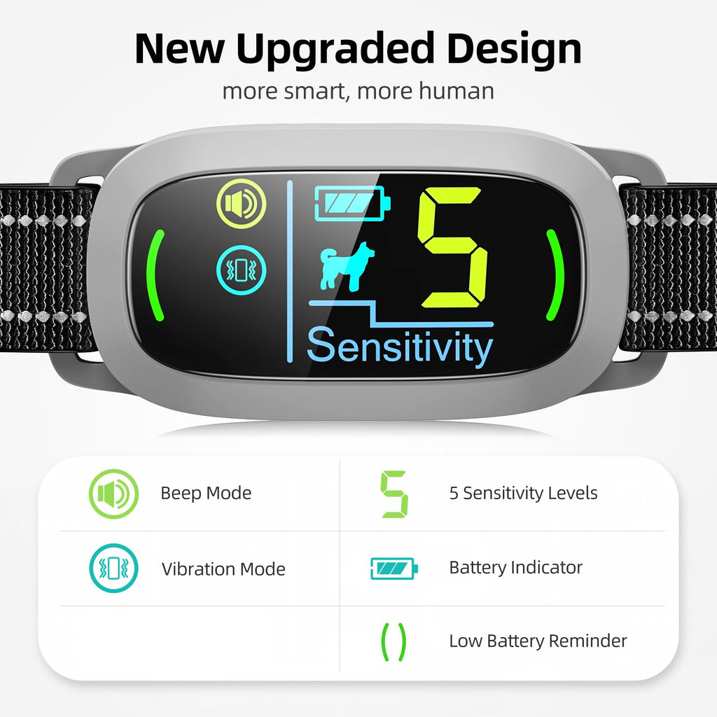 Dog Bark Collar for Large Medium Small Dogs, Rechargeable Smart Bark Collar, Anti Barking Training Collar with 5 Adjustable Sensitivity Beep Vibration (Grey)