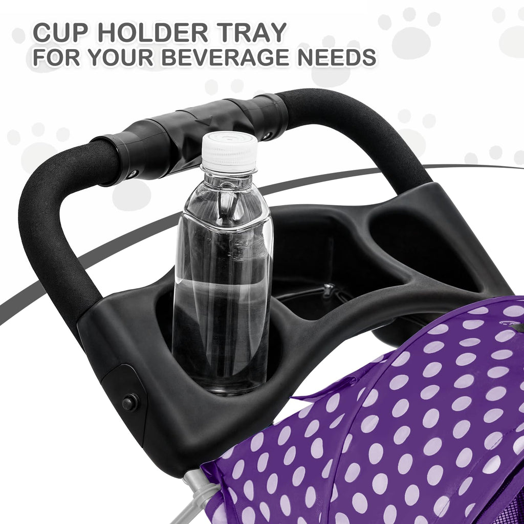 3 Wheels Pet Dog Cat Stroller for Small Medium Dogs Cats, Foldable Jogger Stroller w/Storage Basket and Cup Holder, Purple Polka Dots