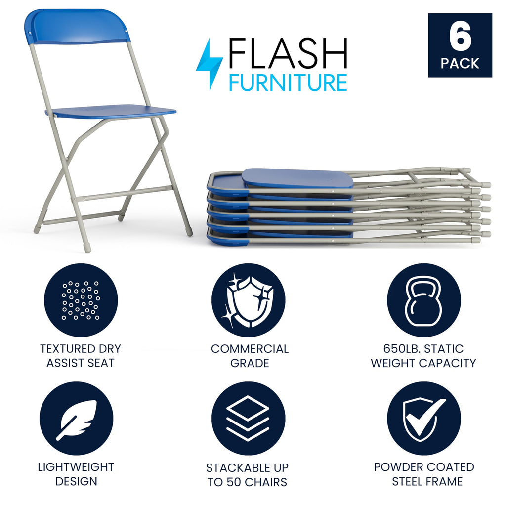 6 Pack Hercules Series Plastic Folding Chair - Blue -  650LB Weight Capacity Comfortable Event Chair-Lightweight Folding Chair