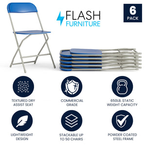 6 Pack Hercules Series Plastic Folding Chair - Blue -  650LB Weight Capacity Comfortable Event Chair-Lightweight Folding Chair