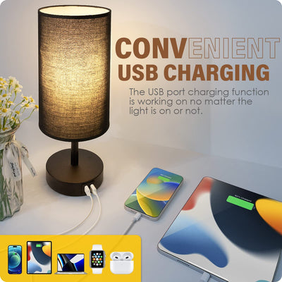 Bedside Lamp with USB Port - Touch Control Table Lamp for Bedroom 3 Way Dimmable Nightstand Lamp with Round Black Fabric Shade for Living Room, Dorm, Home Office (LED Bulb Included)