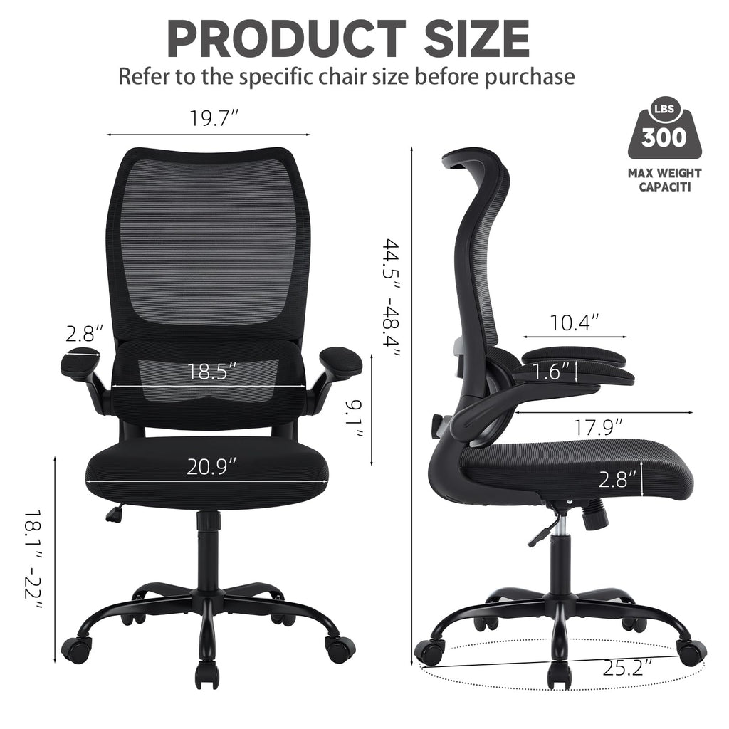 Ergonomic Office Chair with Adjustable Lumbar Support, Mesh Back, Flip-Up Arms, Rocking Mode with Tension Control, 300 lbs Weight Capacity, Black and White (Black)