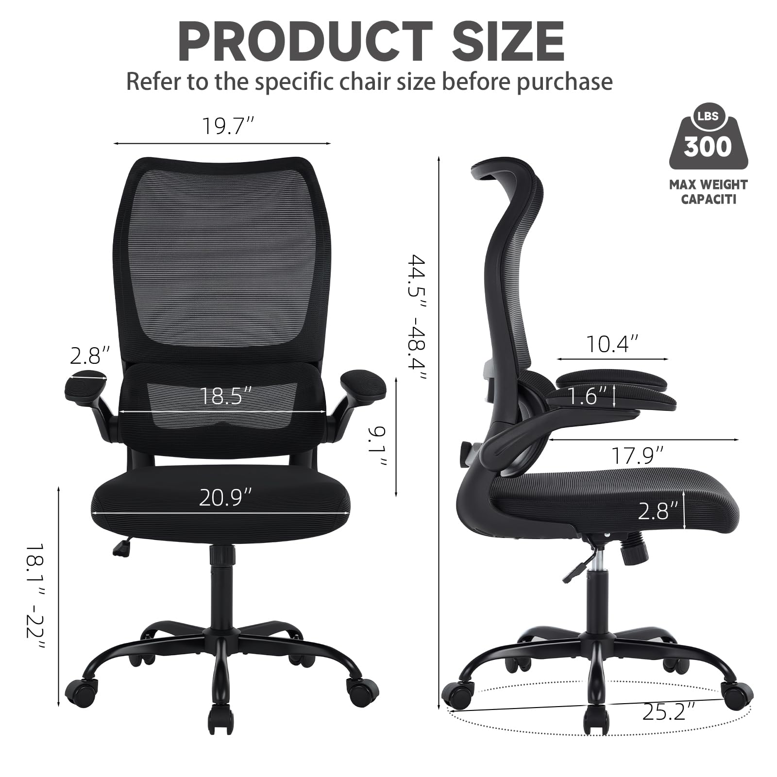 Ergonomic Office Chair with Adjustable Lumbar Support, Mesh Back, Flip-Up Arms, Rocking Mode with Tension Control, 300 lbs Weight Capacity, Black and White (Black)