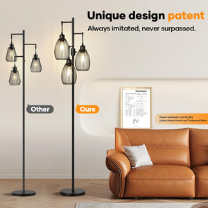 Dimmable Floor Lamp, 3 x 800LM LED Edison Bulbs Included, Farmhouse Industrial Floor Lamp Standing Tree Lamp with Elegant Teardrop Cage Tall Lamps for Living Room Bedroom Office Dining Room-Black