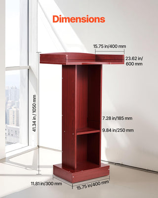 Podium Stand, 41-Inch Wooden Lectern, Laptop Desk with Wide Reading Surface and Storage Shelf, Edge Stopper, Elegant Design, Flool-Standing, for Classroom, Conference, Church, and Presentation