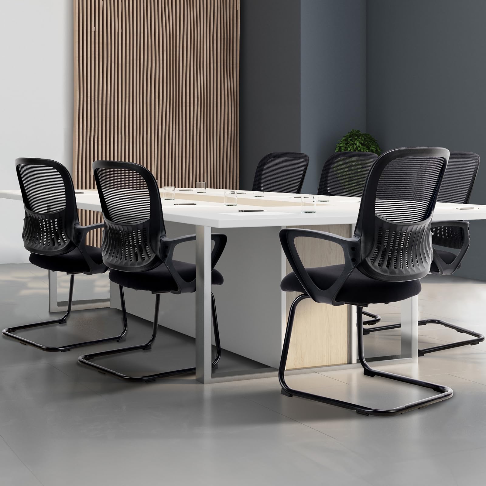 Reception Chair No Wheels, Stationary Non Rolling Mesh Mid Back Computer Guest Side with Lumbar Support for Waiting Area Reception Conference Room, Set of 4, Modern Black