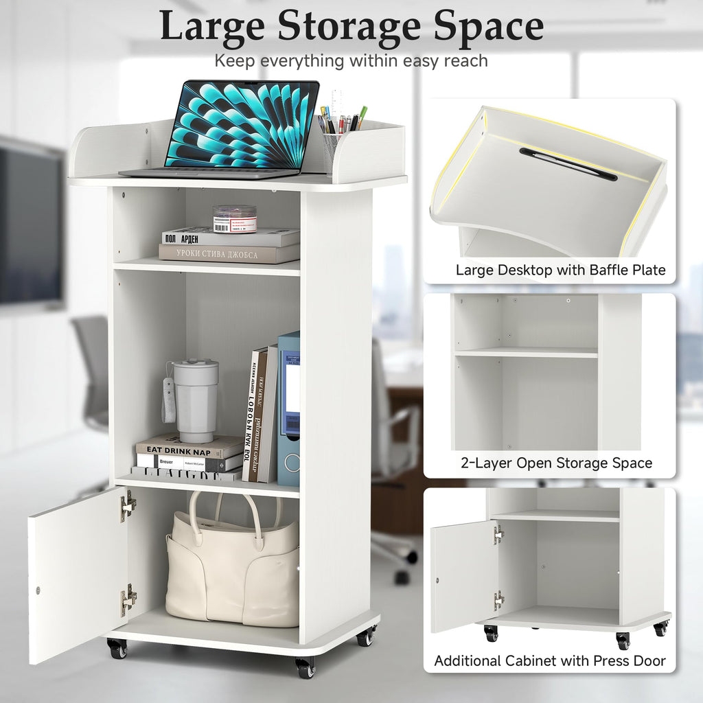 Portable Podium Stand with 4 Metal Wheels, Mobile Lectern Stand with Storage for Church Classroom Restaurant Reception Office Presentation, Wooden Pulpit Desk for Hostess Teacher (White)